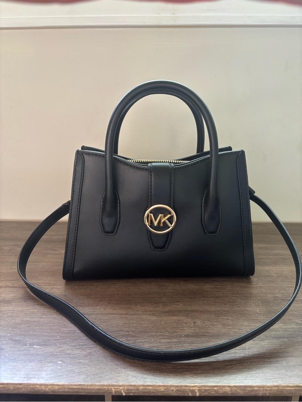 Michael Kors Black Leather Satchel with Gold MK Emblem